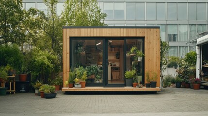 Modern wooden cabin surrounded by lush greenery in an urban garden setting