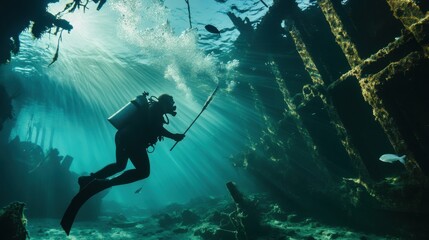 Diver Exploring Underwater Wreck in Clear Ocean Waters