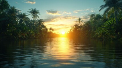 A picturesque sunset view over a tropical river surrounded by flora