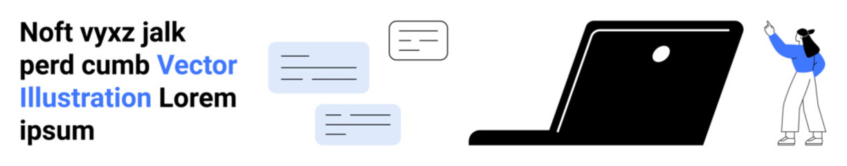 Woman pointing at a large laptop with floating text bubbles, visualizing technology, communication, or presentations. Ideal for collaboration, education, creativity, innovation, teamwork planning