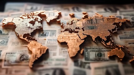 Naklejka premium An artistic representation of a world map intricately designed with currency notes, symbolizing global finance, trade, and the interconnectedness of economies across the world.