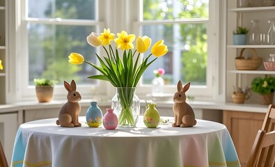 easter table with flowers