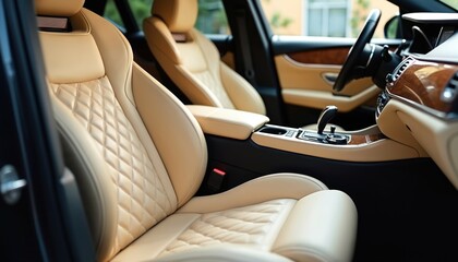 Luxurious car interior with beige leather seats featuring diamond pattern, wooden trim. Modern automotive design with comfort style. Elegant, clean interior. Passenger seat detail, high craftsmanship