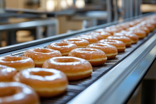 Donuts on a conveyor belt in a factory with shiny glaze and uniform spacing in an industrial setting