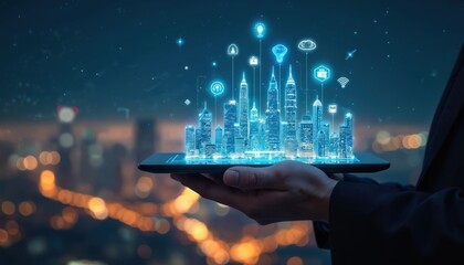 Hand holding tablet with smart city hologram. Futuristic cityscape with intelligent buildings, holographic screen. Concept of Internet of Things, global connectivity. Urban tech, digital innovation,