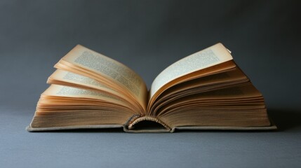 Artistic composition of an open folded book on gray chaos background literary content close-up view