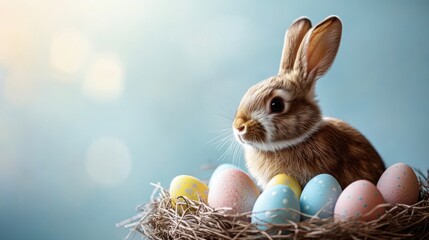 Easter celebration with a rabbit nesting in colorful eggs springtime photography soft focus whimsical