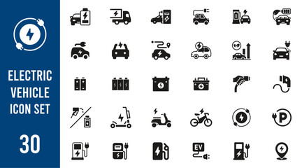 Electric vehicle icon set. charging station, battery, EV charging, e-bike, hybrid, e-car, electric scooter and power, Vector illustration.