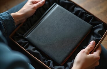 Female hands hold leather bound book in box with soft fabric. Wedding photo book, family album. Texture of the cover made of genuine leather. Photobooks are perfect gift.
