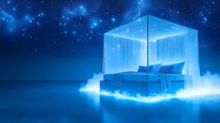 Futuristic bed with glowing canopy under starry night sky.