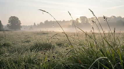 Soft sunrise light paints a misty meadow, dew-kissed grass, peaceful minimalist scene.