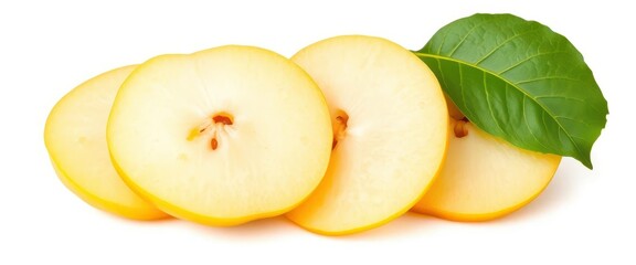 Juicy yellow pear slices with a fresh green leaf, isolated on white, green, natural light, botany