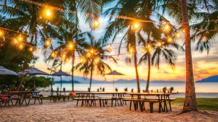 Tropical Beach Sunset with String Lights and Picnic Tables
