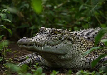Obraz premium Young crocodile eyes gleam in dappled sunlight lush green foliage background. AI Generated