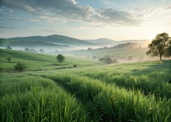 Surreal, dreamlike digital art: a misty green field unfolds in a fantasy nature 3D render.