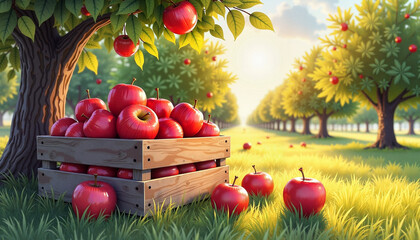 Wooden Crate of Red Apples in Grassy Field Idyllic Harvest Scene