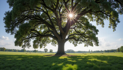 Obraz premium Majestic oak tree shining sunlight in a lush green field 