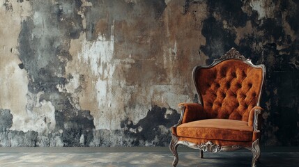 Vintage velvet chair in front of rustic wall