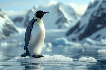 Fototapeta premium A majestic emperor penguin stands proudly on an ice floe amidst a stunning, icy landscape.