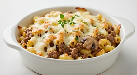 Baked pasta with cheese and beef in a white dish  