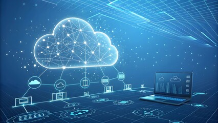 A futuristic digital cloud computing concept with a glowing cloud at the center, connected to a vast network of data nodes and icons. The cloud emits a bright blue light, symbolizing data transfer