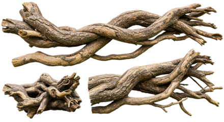 Tree roots png, gnarled wood branches isolated on transparent background