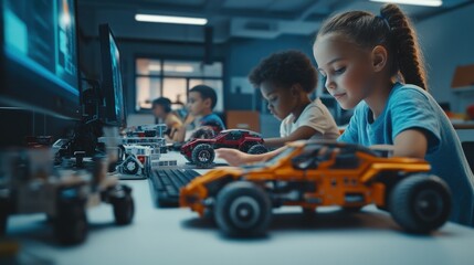 Diverse school children students build robotic cars using computers and coding. Happy multiethnic kids learning programming robot vehicles sitting at table at STEM education science engineering class