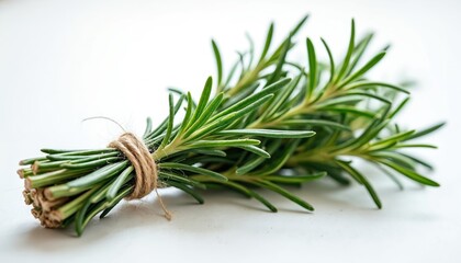 Fototapeta premium Fresh rosemary bunch tied with twine, cooking ingredient. Green leaves, sprigs, natural, organic. Aromatic herb for seasoning, flavor dishes. Culinary plant, spice.