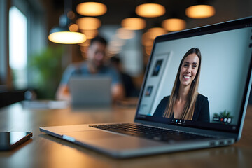 A young woman with long brown hair smiles during a video call on her laptop in a modern office space while another person works in the background