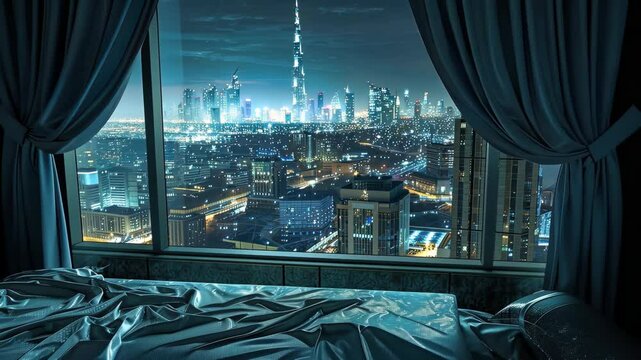 A breathtaking view of the Dubai skyline illuminated at night from a lavish hotel room showcasing modern architecture and city vibrancy