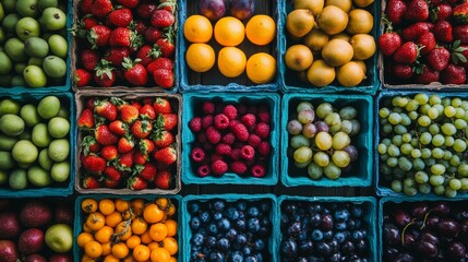 Colorful assorted berries and fruit at a market stall