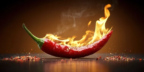Plexiglas schilderij Hete pepers Fiery Red Chili Pepper with Flames and Smoke on Dark Background  © M2A