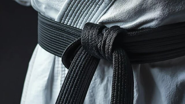 Close up of jiu-jitsu black belt tied around a white gi, kimono with black belt	