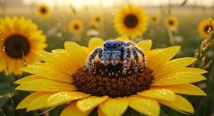 A Vibrant Blue Jumping Spider on a Dew-Kissed Sunflower in a Field of Golden Blooms at Sunrise
