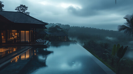 Serene luxury villa with infinity pool overlooking misty jungle view.