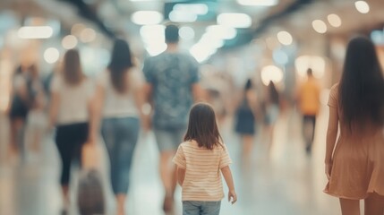 Naklejka premium A Little Girl Walking in a Busy Shopping Mall