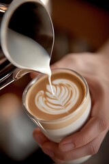 Frothy Latte with Detailed Leaf Artwork Topped with Creamy Milk