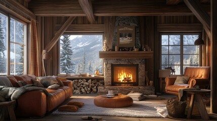 Cozy Mountain Cabin Living Room with Fireplace and Stunning Winter View