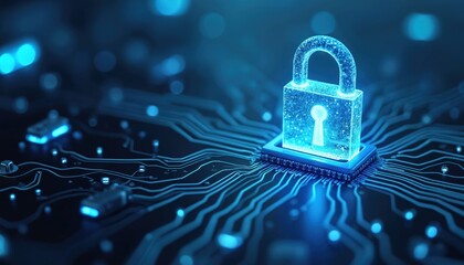 Cybersecurity concept illustration glowing lock on circuit board. Digital security privacy protection, data safety, information technology. Perfect for International Computer Security Day.