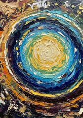 Abstract swirling painting vibrant blues yellows warm light. AI Generated
