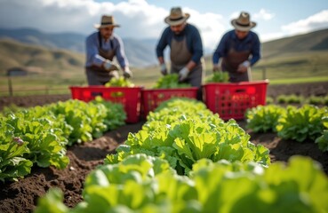 Seasonal workers harvest lettuce Salinas Valley California. Men collect organic lettuce in red crates at farm field. Farm work, agriculture concept. Crop growing. Harvest season.