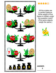 Educational math puzzle with seesaw scales, weights, potatoes, cucumbers and tomatoes: What weight of five below is hidden under the question mark?  Answer included.
