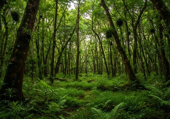 Obraz premium Lush green forest path sunlight dappled canopy. AI Generated