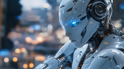 A close-up of a futuristic robot with glowing blue eyes, showcasing advanced technology in an urban environment.