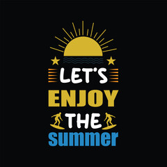 Enjoy the summer with this stylish retro beach typography design featuring a vibrant sun, waves, and surfers—perfect for t-shirts and summer apparel!