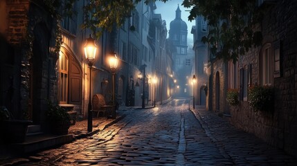 Fototapeta premium Cobblestone street lit by lampposts at twilight.