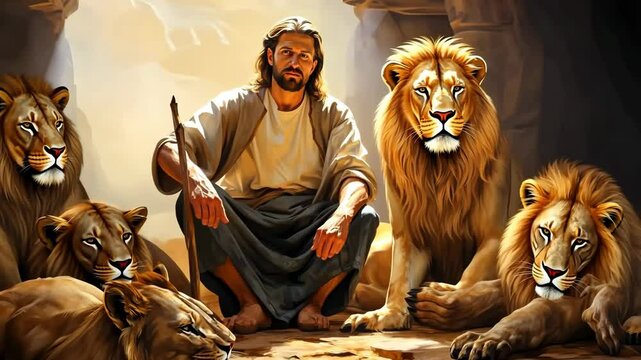 A prophet of God at the lions den with lions around him 4K
