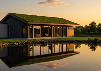 Obraz premium Modern green roof house reflected in calm sunset water. AI Generated