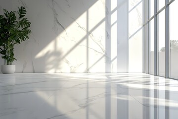 Obraz premium Bright Room Interior, Marble Floor & Wall, Green Plant, Sunlight Window, Modern Design