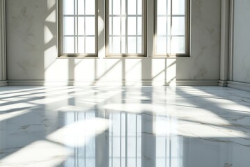 Fototapeta premium White Room with Marble Floors, Window Light and Shadows, Minimalist Interior Style